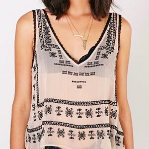 Delicate sheer black & cream embroidered lace tank